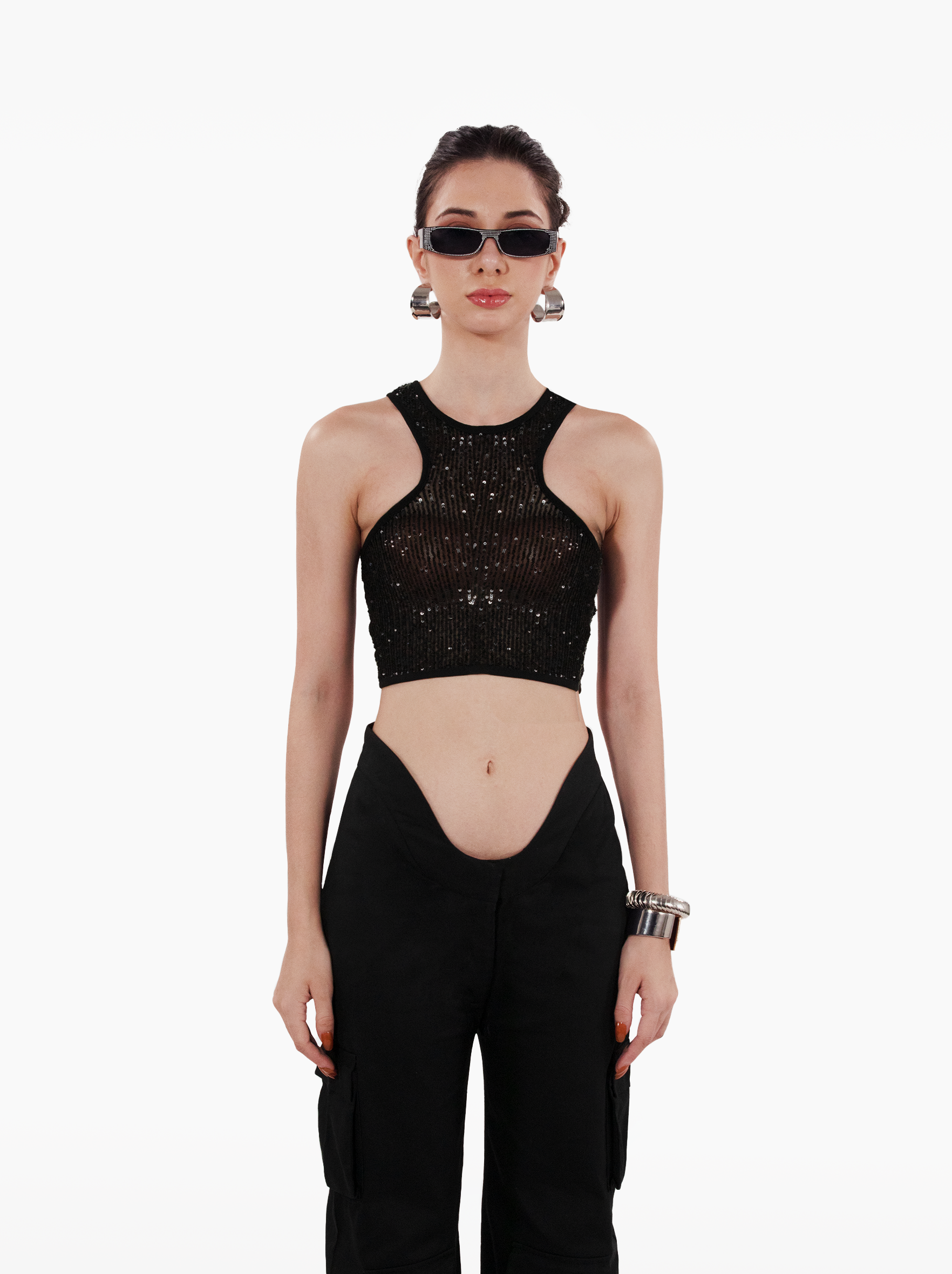 stargirl top - sheer black sequin tank top, glittter shimmer tank top with t-back by SOLÉITE
