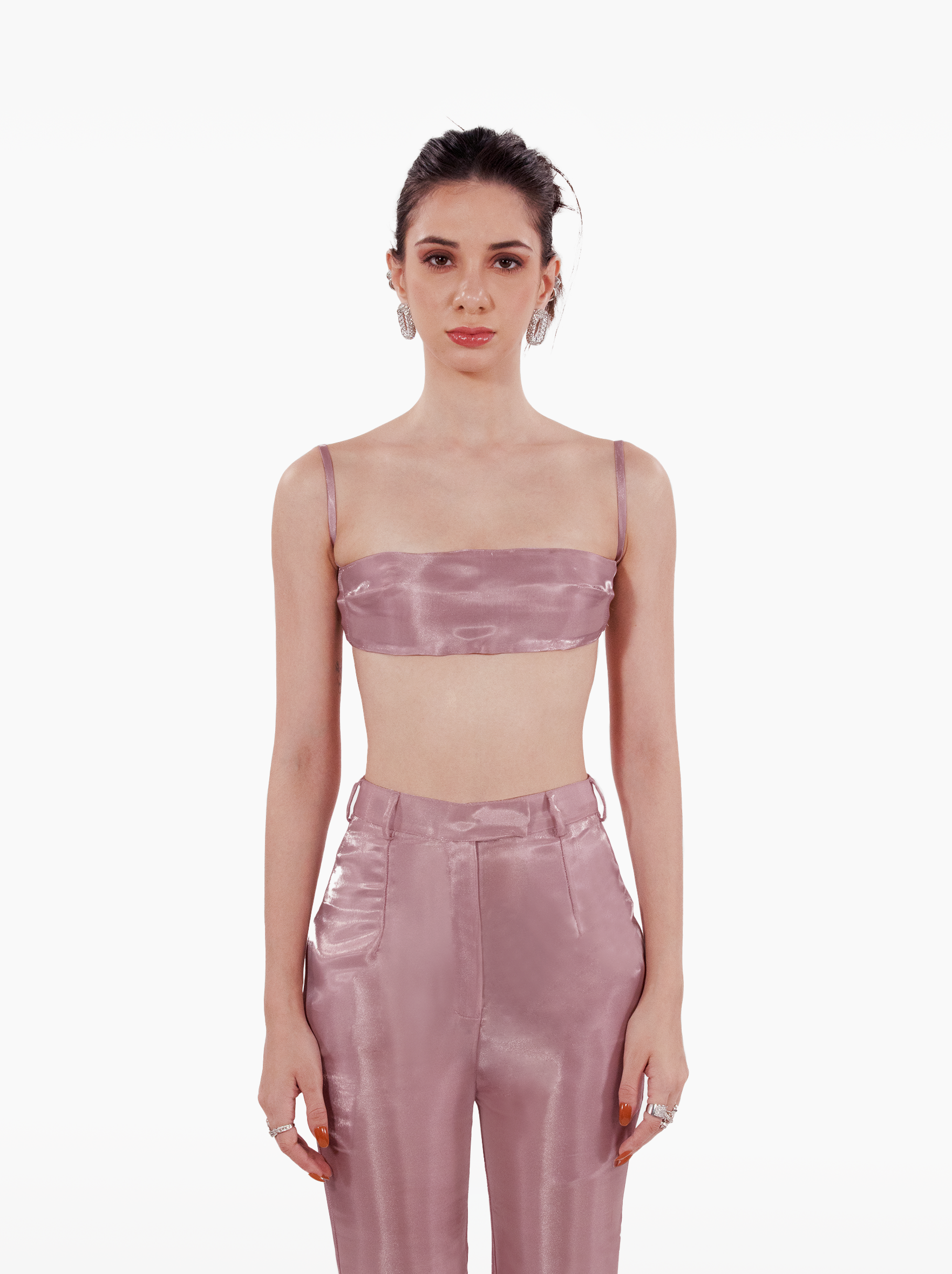 wrap me in plastic bandeau - pink organza bandeau with thin straps, darts and an open back, vacation top, pink strapless tube top - SOLÉITE