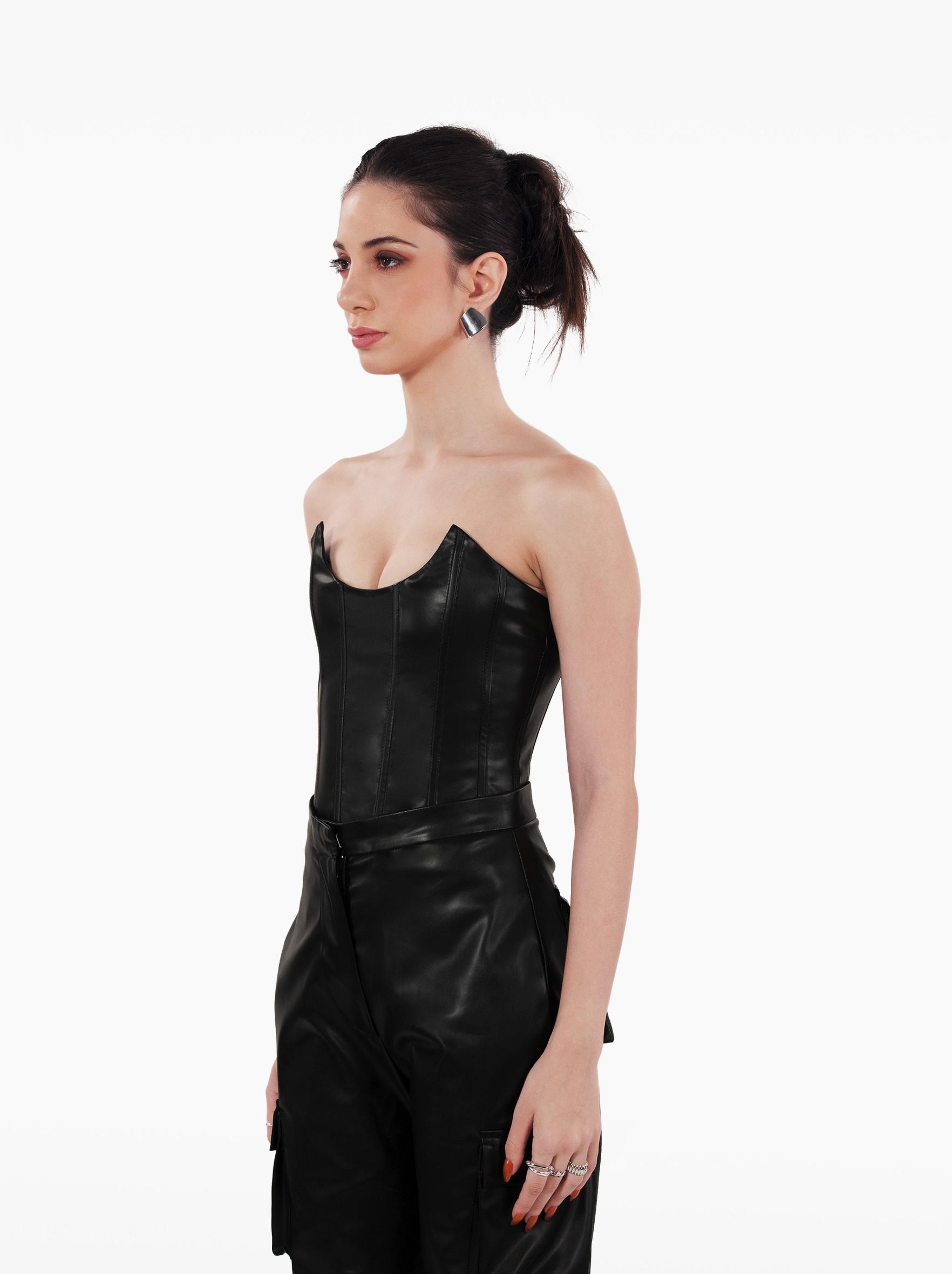 dangerous corset - faux leather bustier top with boning and paneling, glossy leather finish, u-cut neckline by SOLÉITE