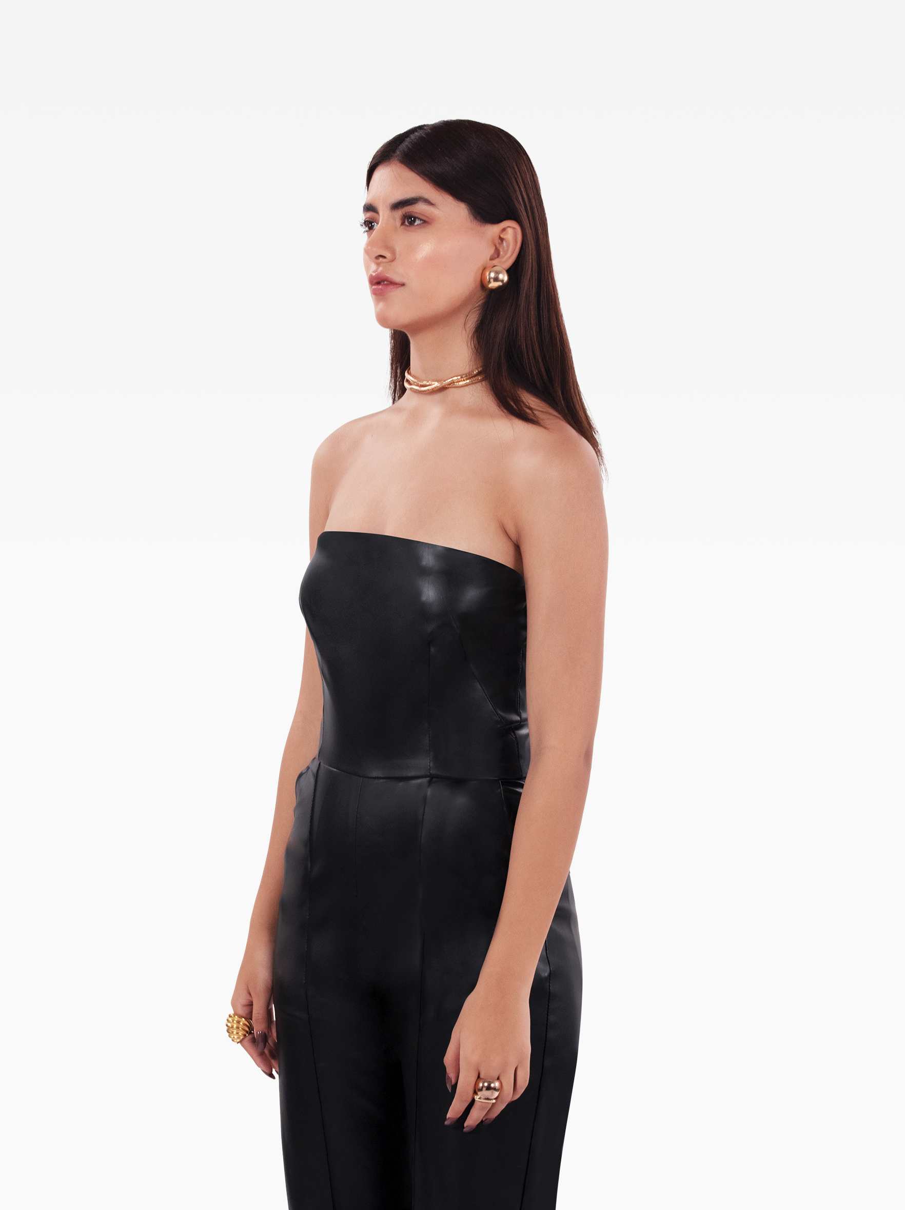 talk that talk jumpsuit - black faux leather jumpsuit with side pockets, cinched waist, strapless bandeau jumpsuit by SOLÉITE