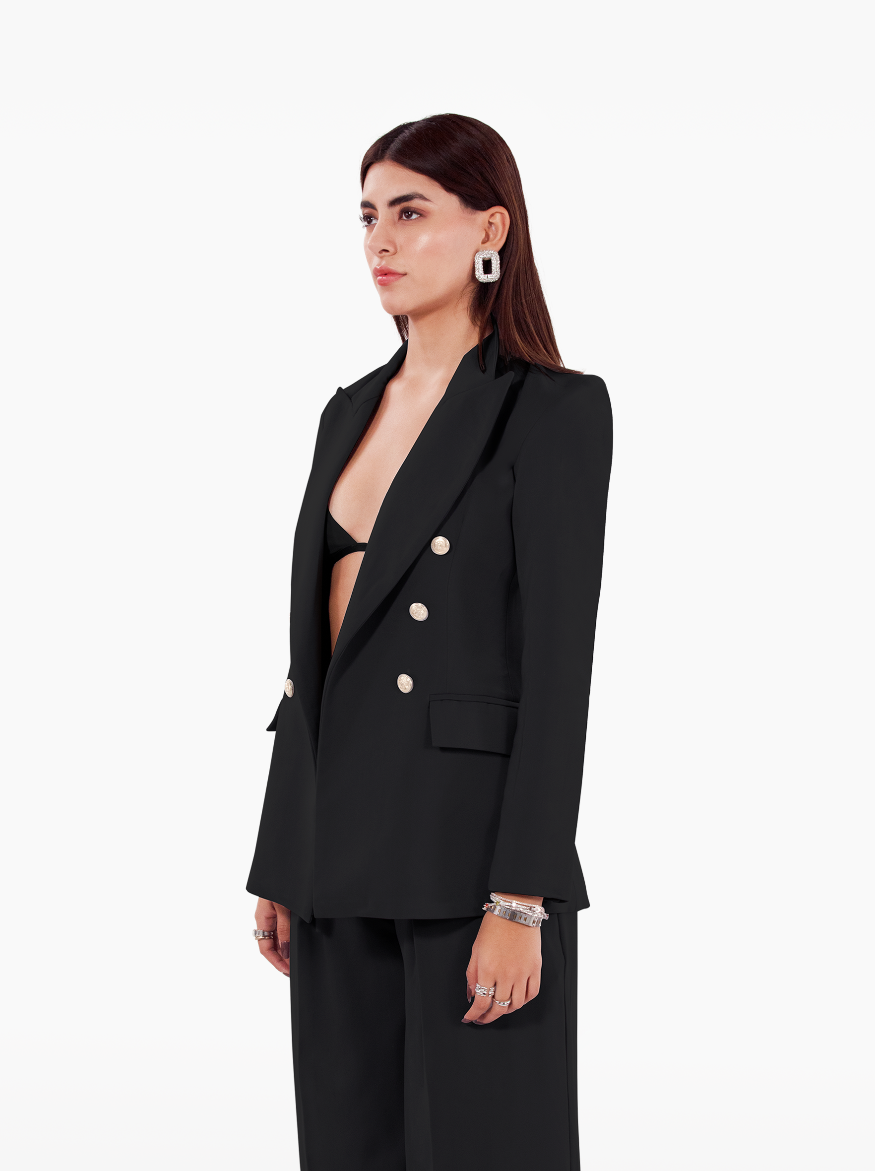 Millions Blazer - black double breasted blazer with shoulder pads, notch lapel collar and two front flap pockets, gold buttons at the front and cuffs by SOLÉITE