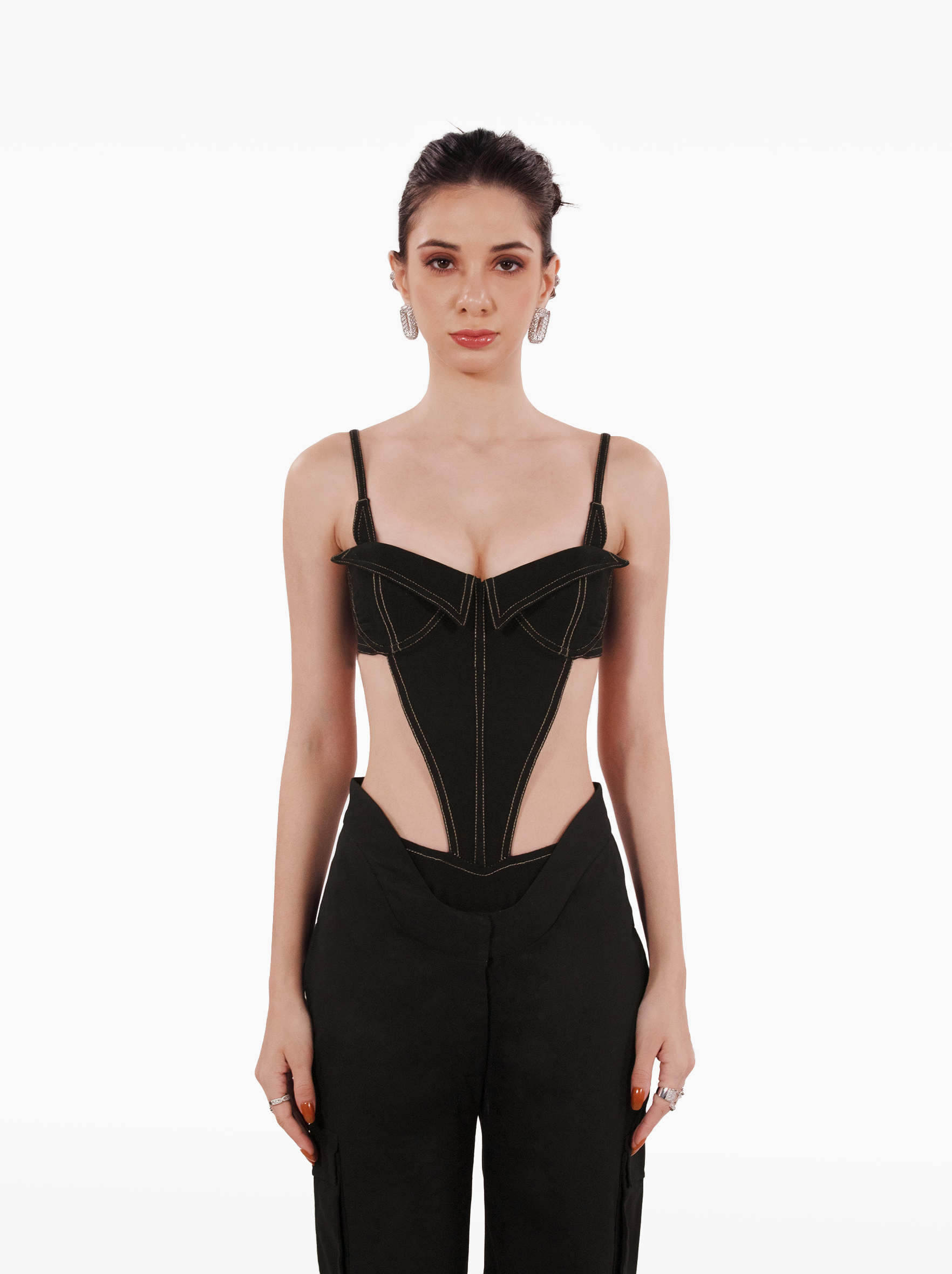 ginsing strip bodysuit - sleeveless black cutout denim bodysuit top with open back and double exposed seams by SOLÉITE