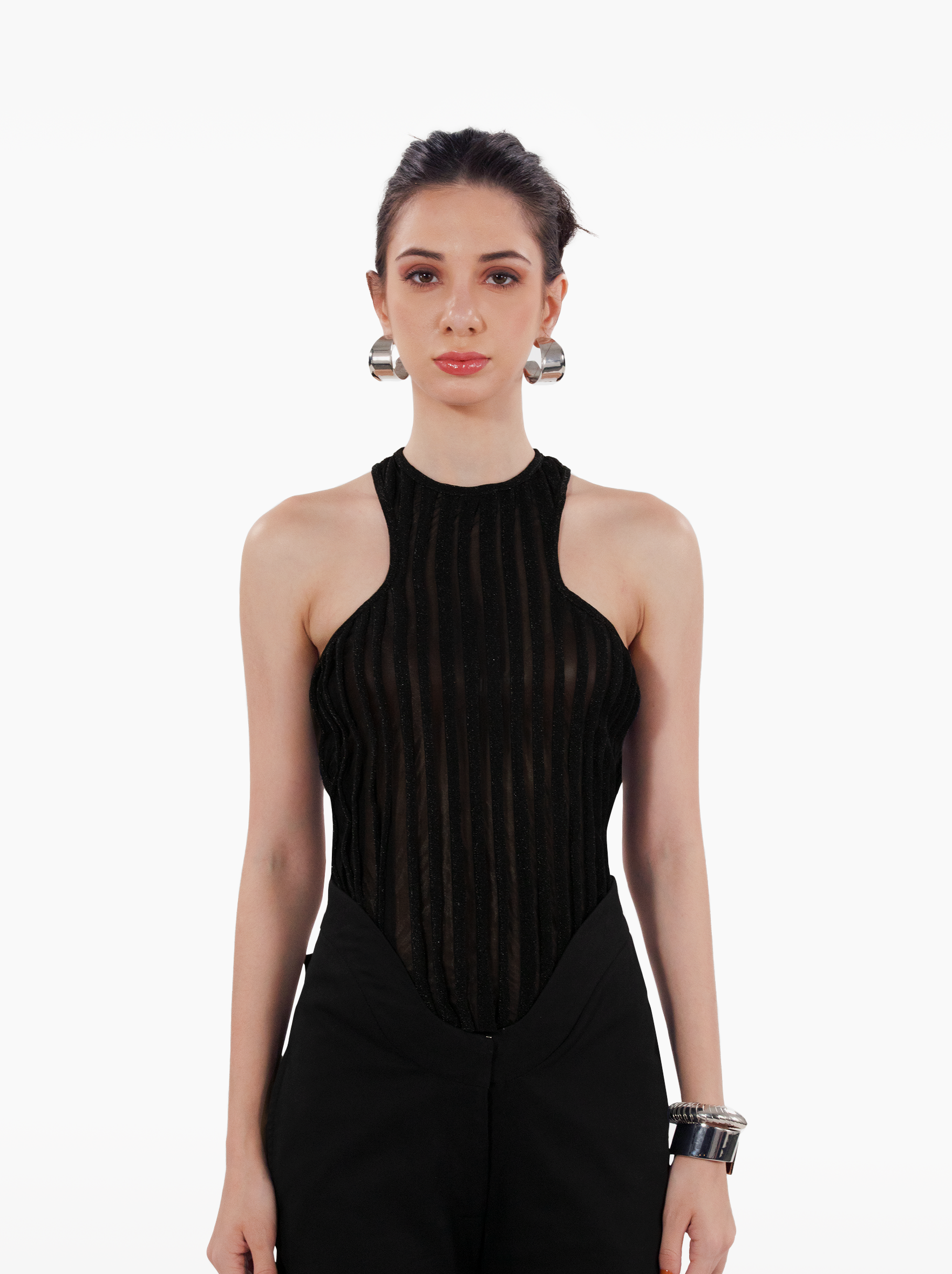 Burn Slow Top - sheer black ribbed tank top with t-back and glitter finish by SOLÉITE