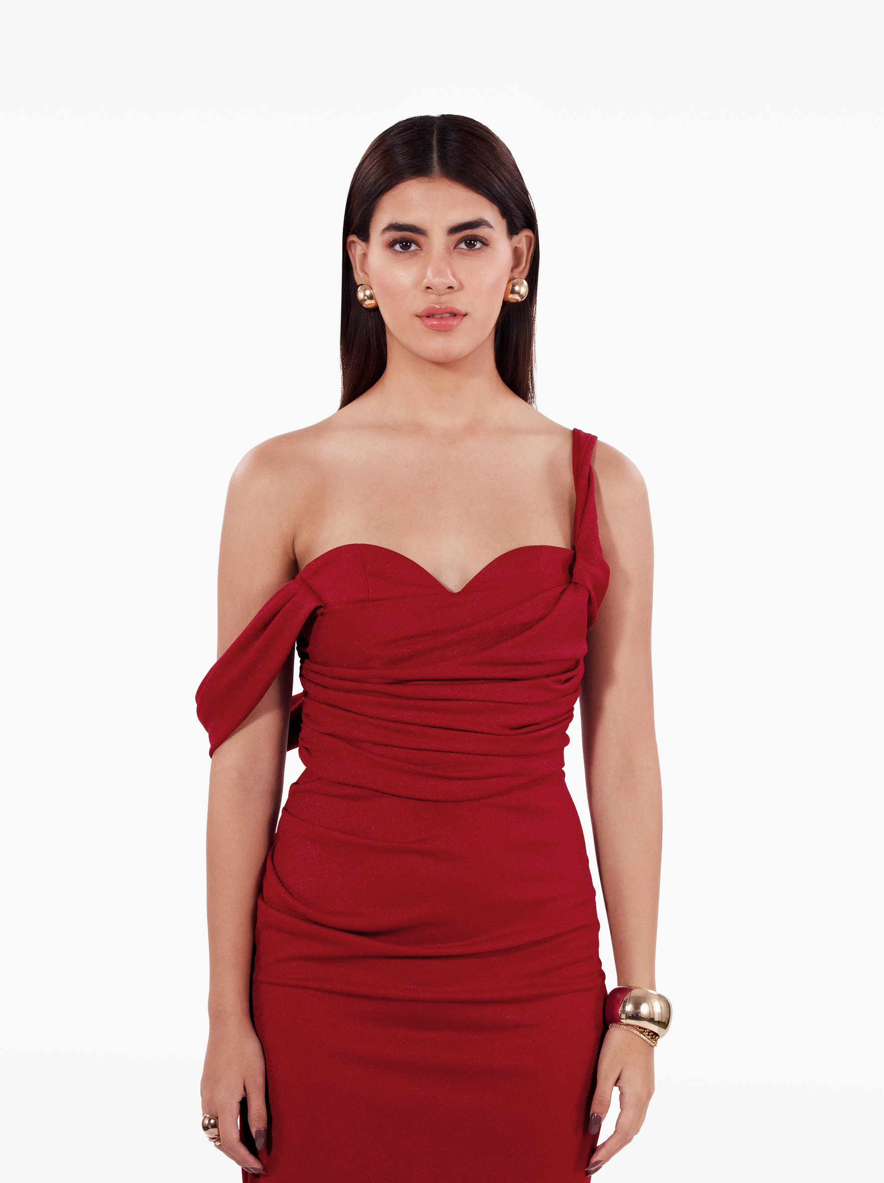 Bloody Mary Bustier Gown - deep red maroon corset maxi dress with asymmetric neckline, gathers and side slit by SOLÉITE