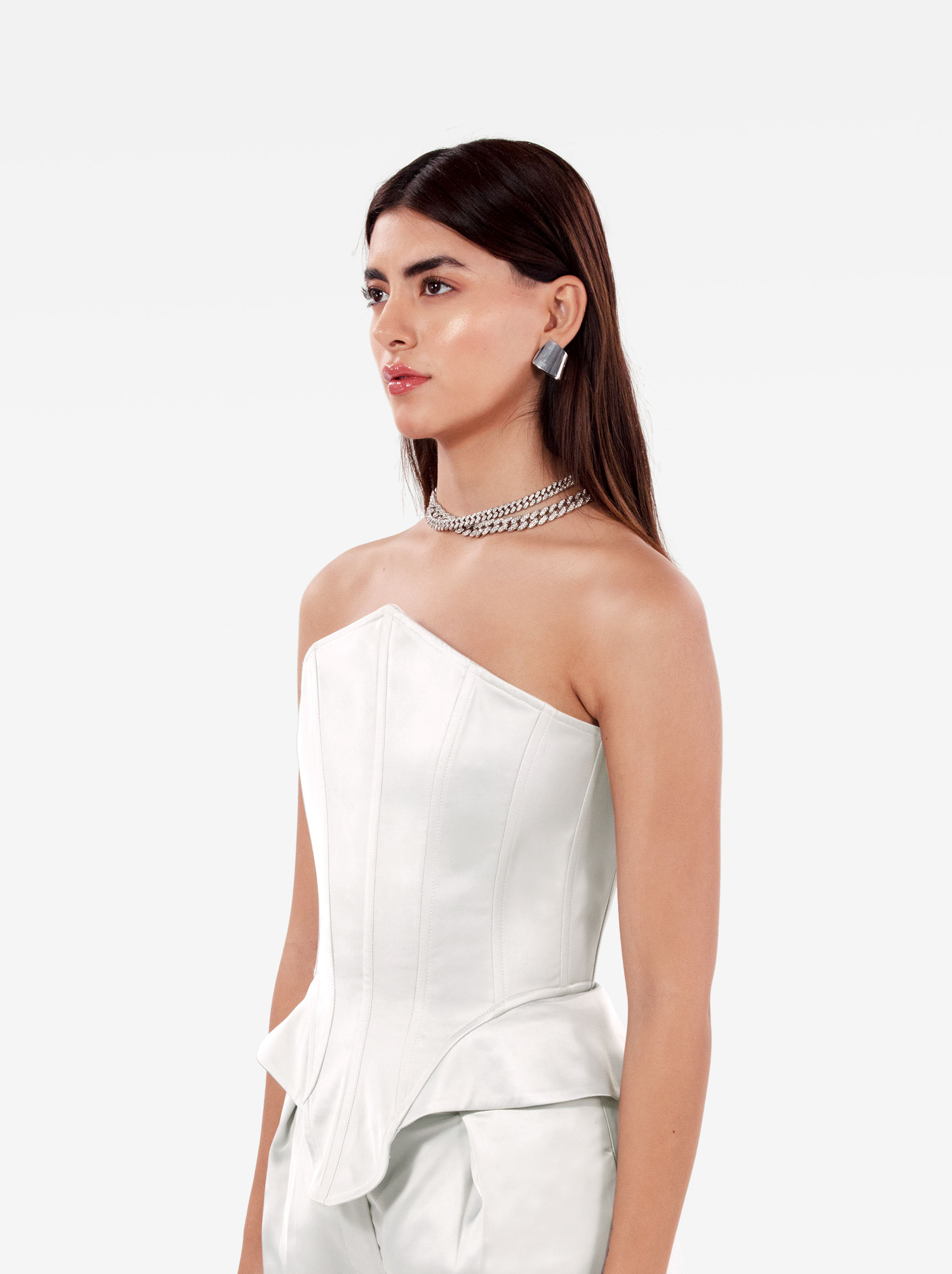instant crush corset - white satin asymmetric bustier top with a strapless design and structured boning, birthday, party, dinner, date outfit - SOLÉITE