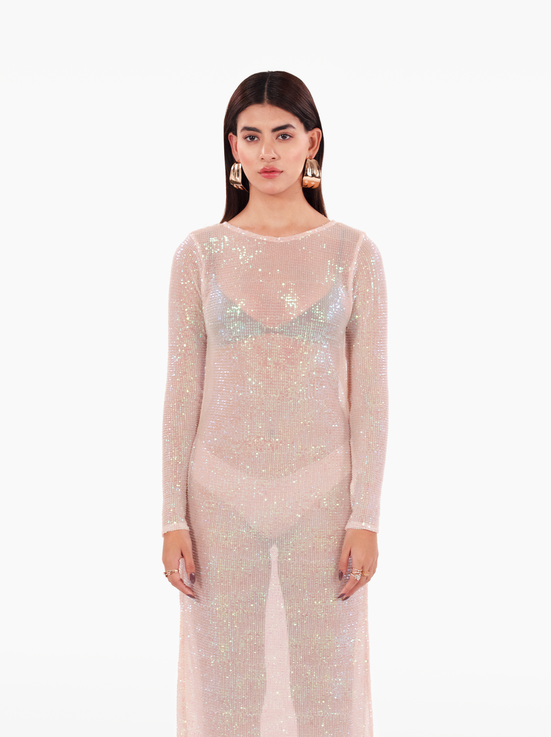 kiss me more dress - pink glitter sparkly shimmer sequin long sleeve maxi dress with side slit, sheer dress for vacation, beach coverup, birthday, event, party, statement piece by SOLÉITE