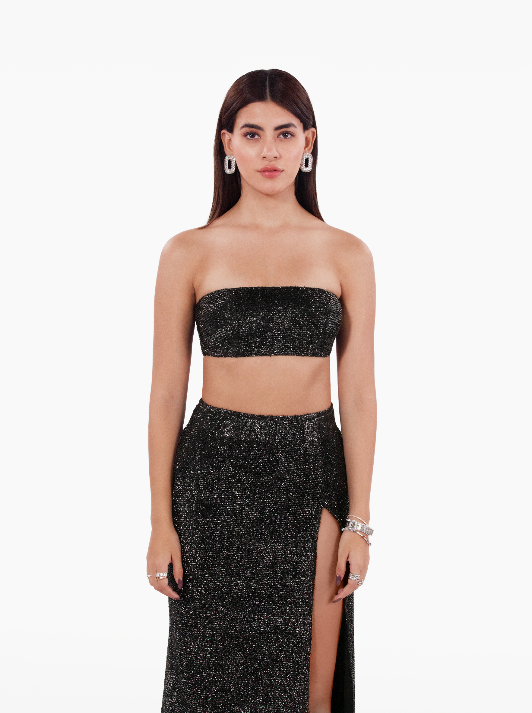 made you look bandeau - silver black glitter shimmer strapless bandeau with darts and buckle fastening, vacation top, birthday by SOLÉITE