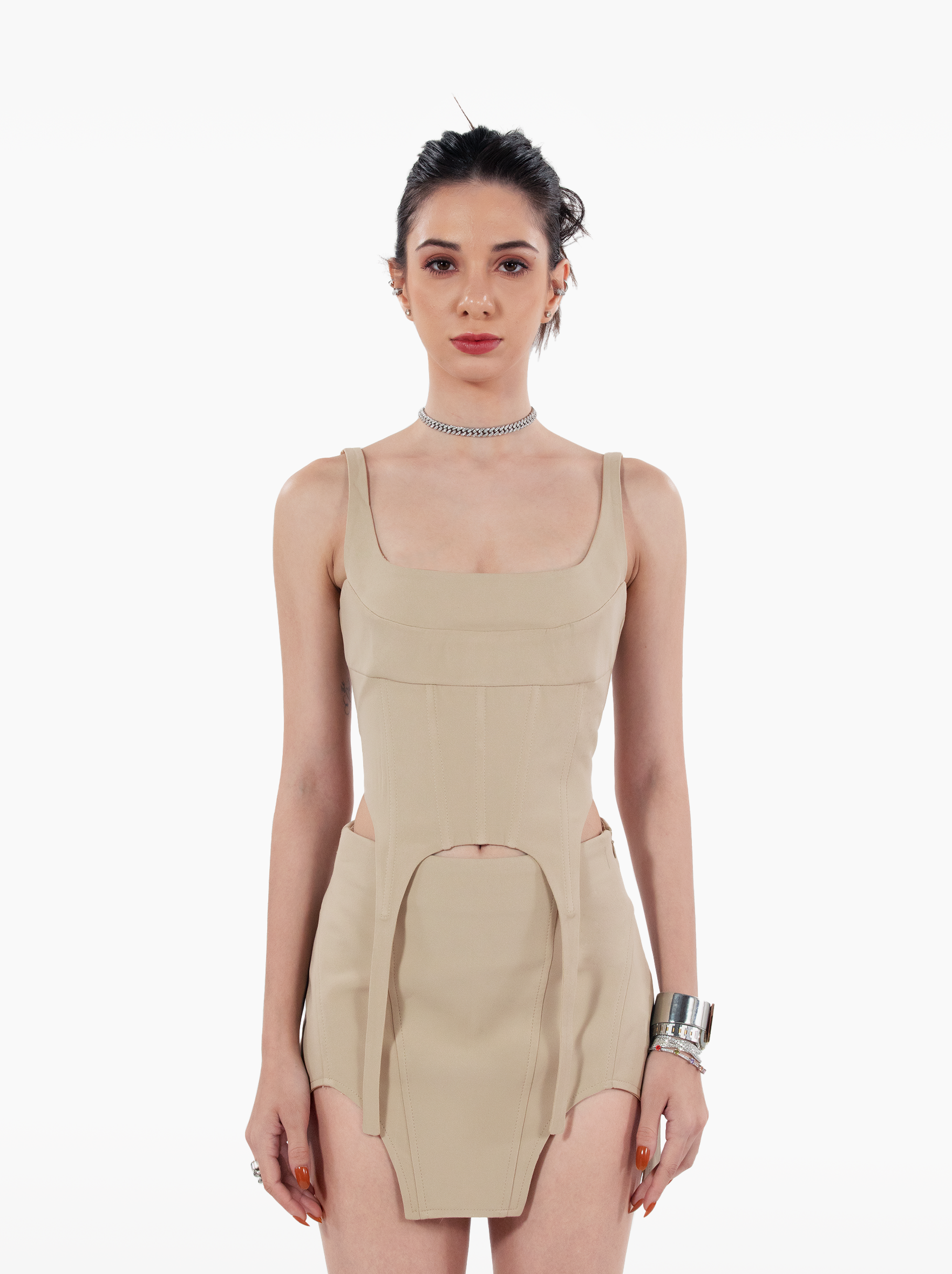 build a bitch skirt - beige u-cut streetwear skirt with panels and asymmetric hem by SOLÉITE