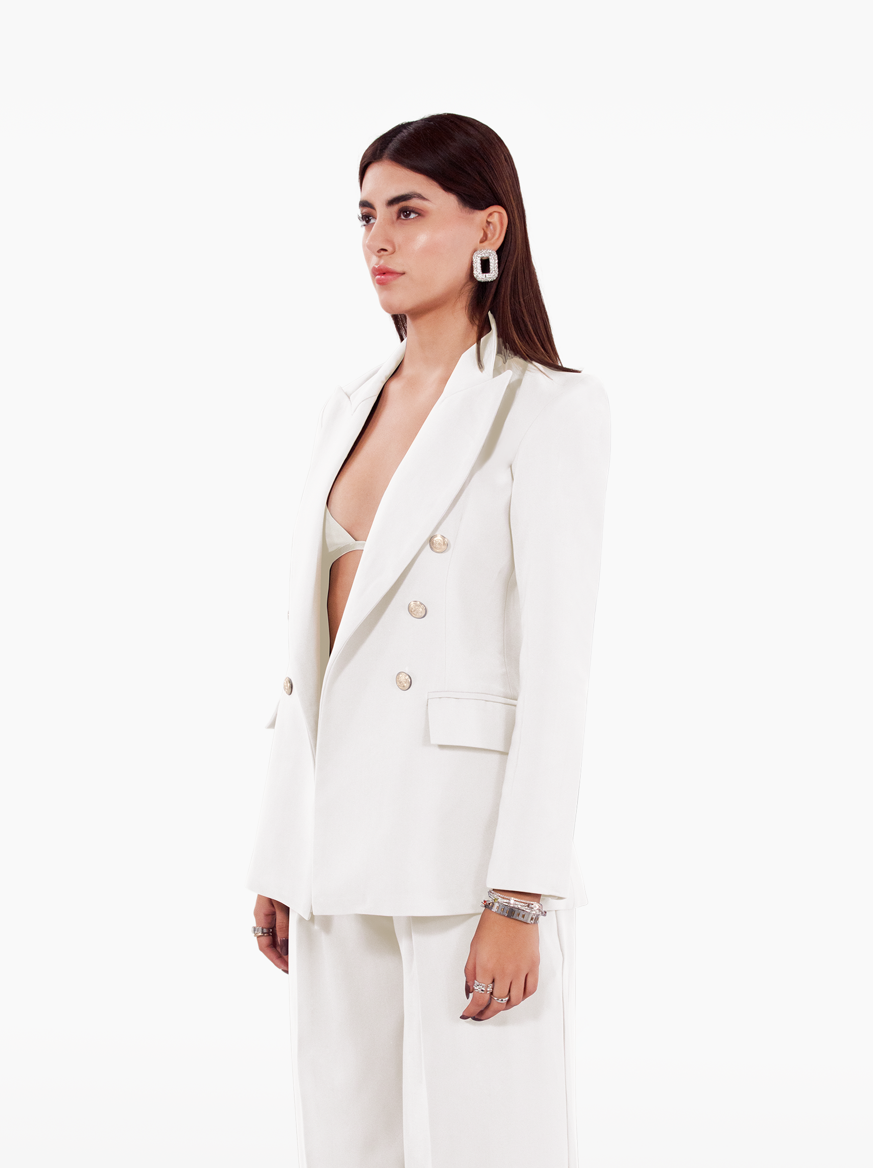 Millions Blazer - grey double breasted blazer with shoulder pads, notch lapel collar and two front flap pockets, gold buttons at the front and cuffs by SOLÉITE