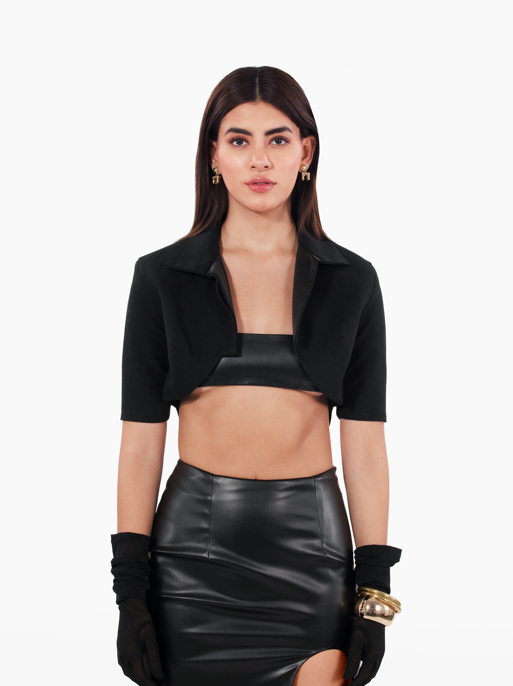told you so jacket - a black cropped woolen jacket with shoulder pads notch lapel collar, gold buttons at the front, black bolero by SOLÉITE