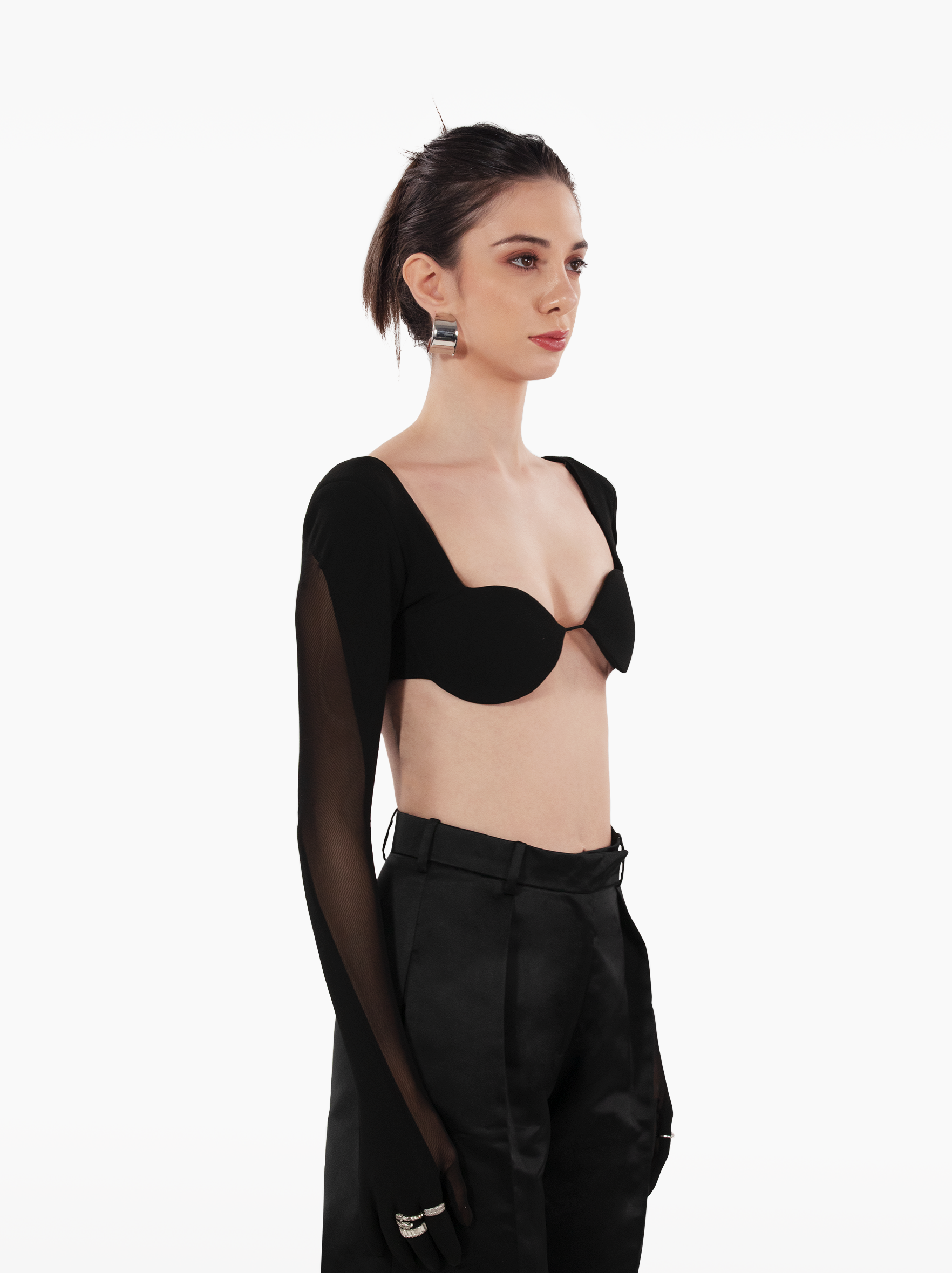 dark paradise top - black underboob full sleeve glove crop top, with rounded cups and shoulder pads ideal for vacation by SOLÉITE