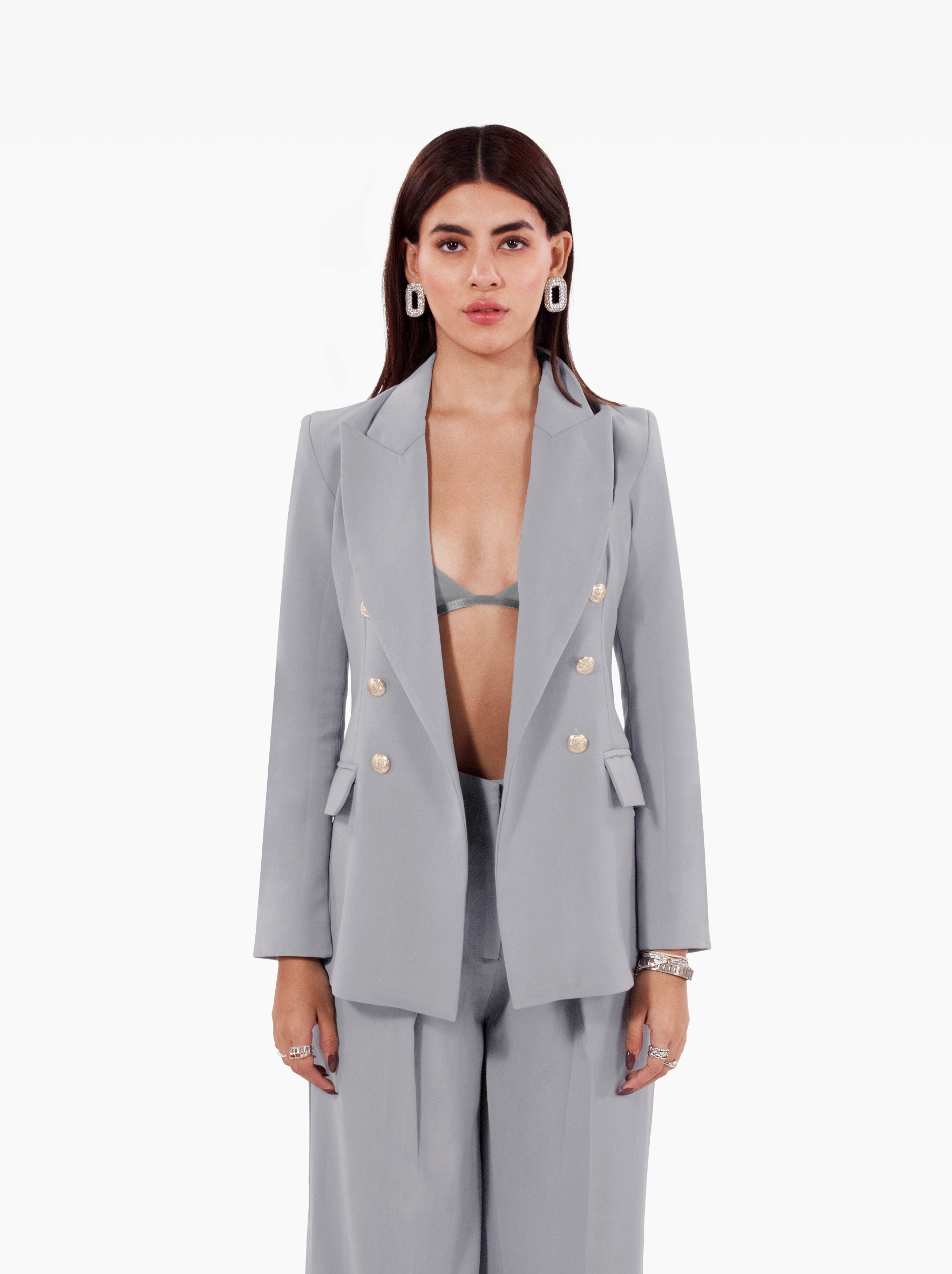 Millions Blazer - grey double breasted blazer with shoulder pads, notch lapel collar and two front flap pockets, gold buttons at the front and cuffs by SOLÉITE