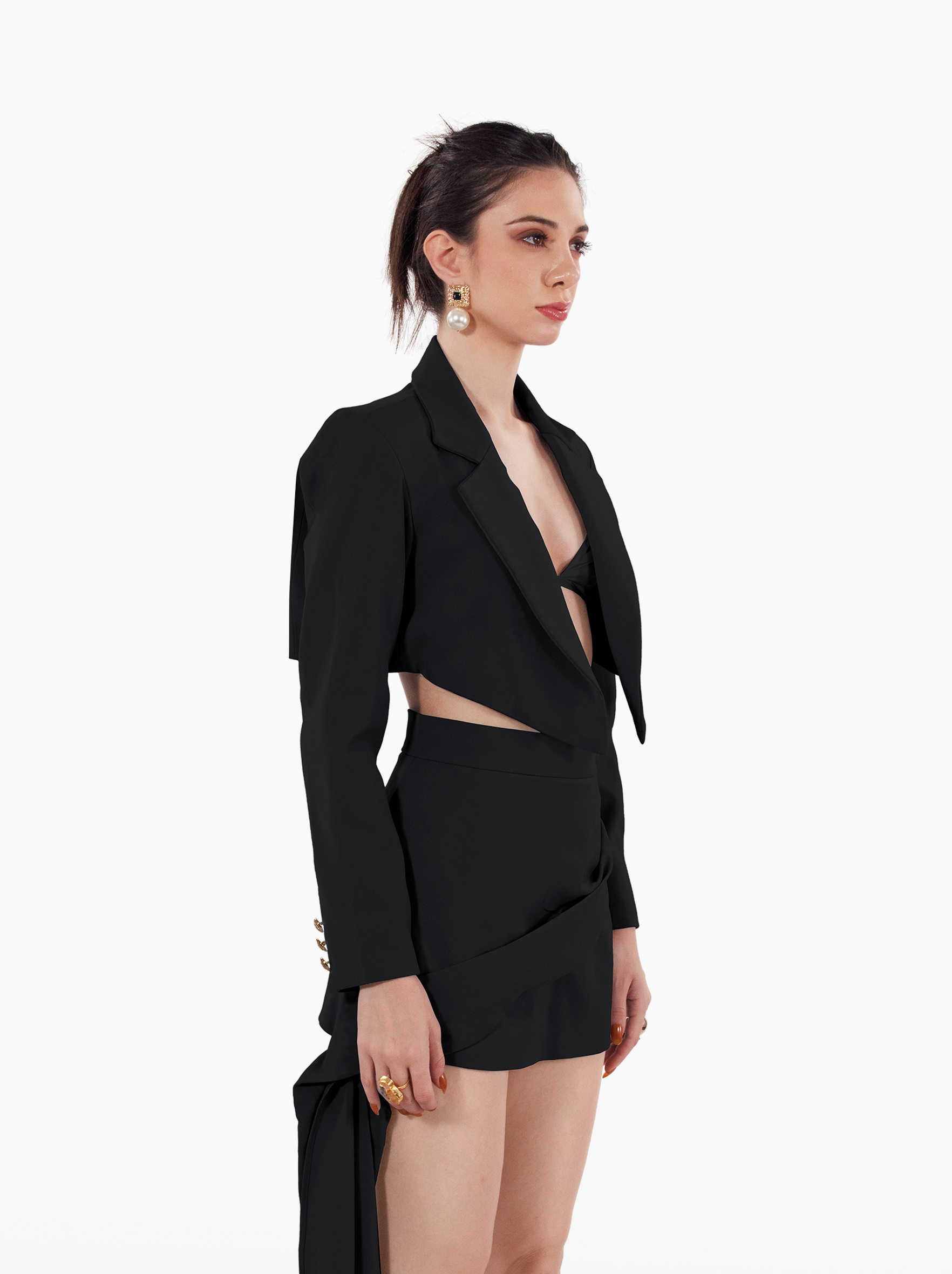 Nobody's Business Blazer - grey cropped jacket with shoulder pads, notch lapel collar, gold buttons at the front and cuffs, formal jacket by SOLÉITE