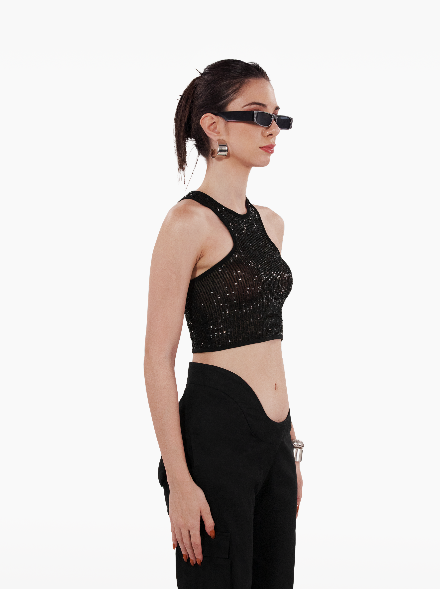 stargirl top - sheer black sequin tank top, glittter shimmer tank top with t-back by SOLÉITE