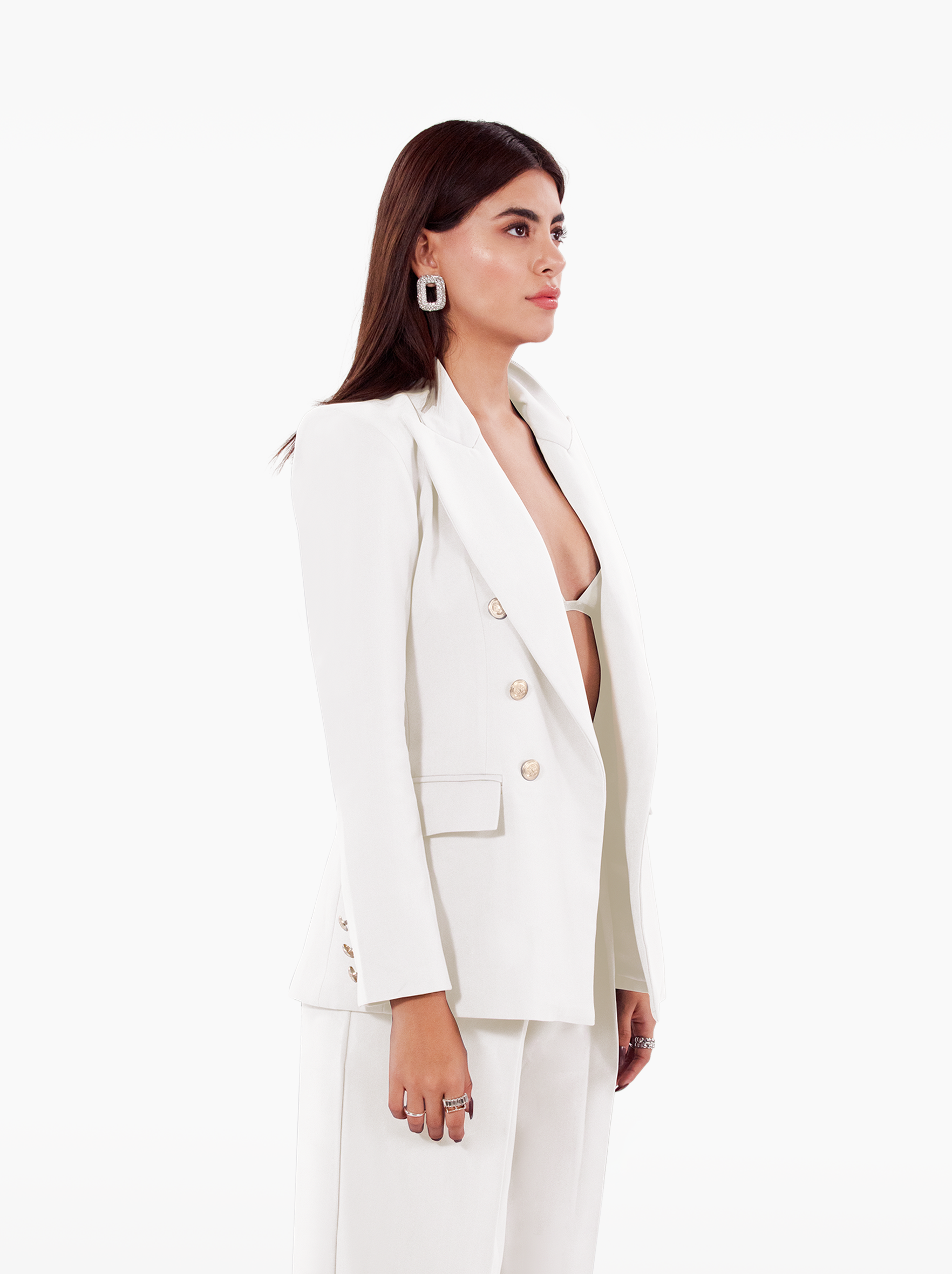 Millions Blazer - grey double breasted blazer with shoulder pads, notch lapel collar and two front flap pockets, gold buttons at the front and cuffs by SOLÉITE