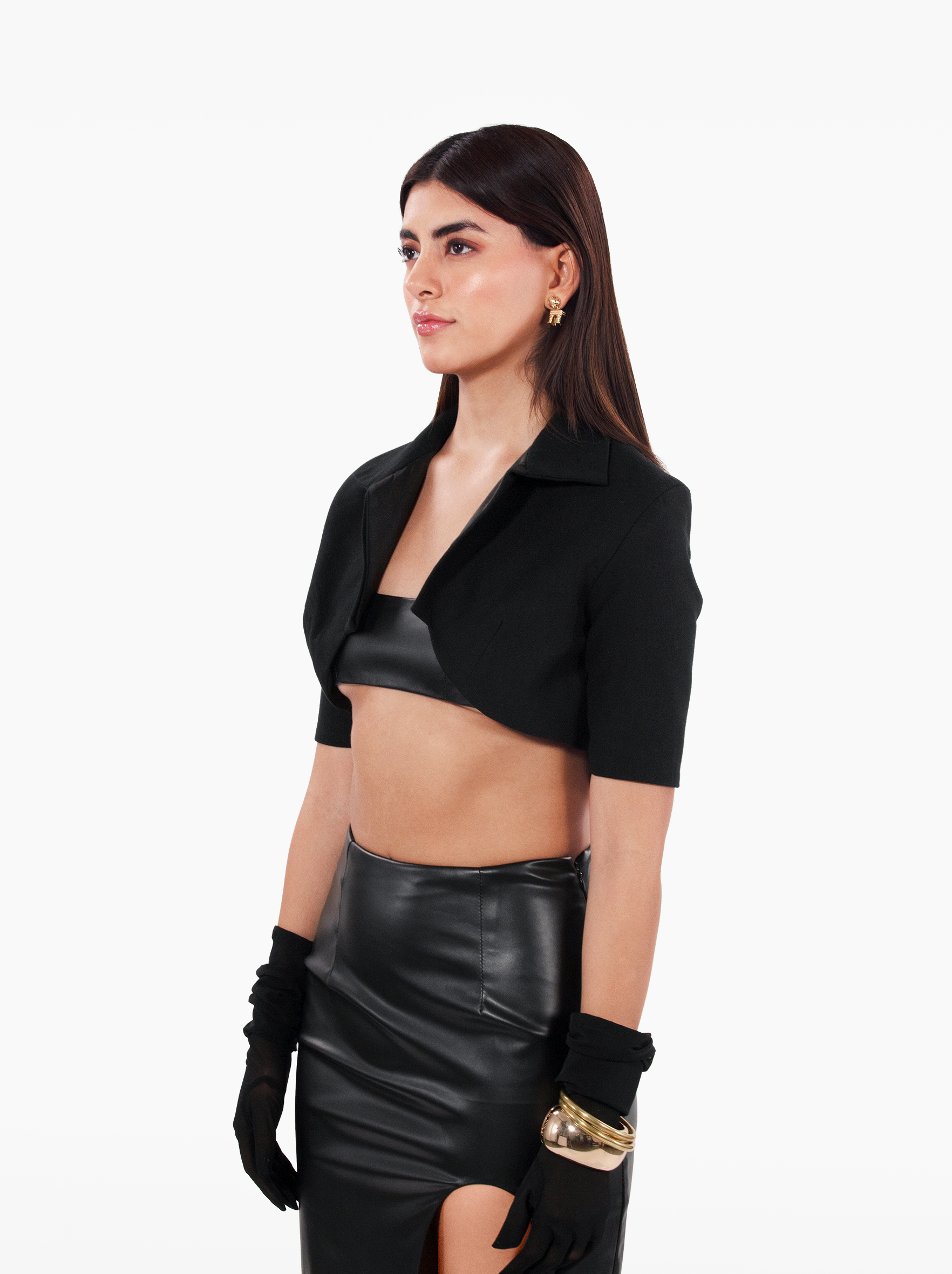 told you so jacket - a black cropped woolen jacket with shoulder pads notch lapel collar, gold buttons at the front, black bolero by SOLÉITE