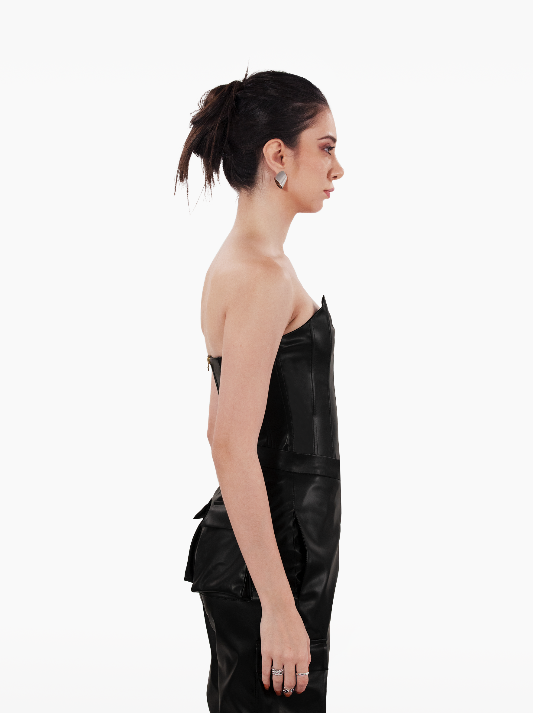 dangerous corset - faux leather bustier top with boning and paneling, glossy leather finish, u-cut neckline by SOLÉITE