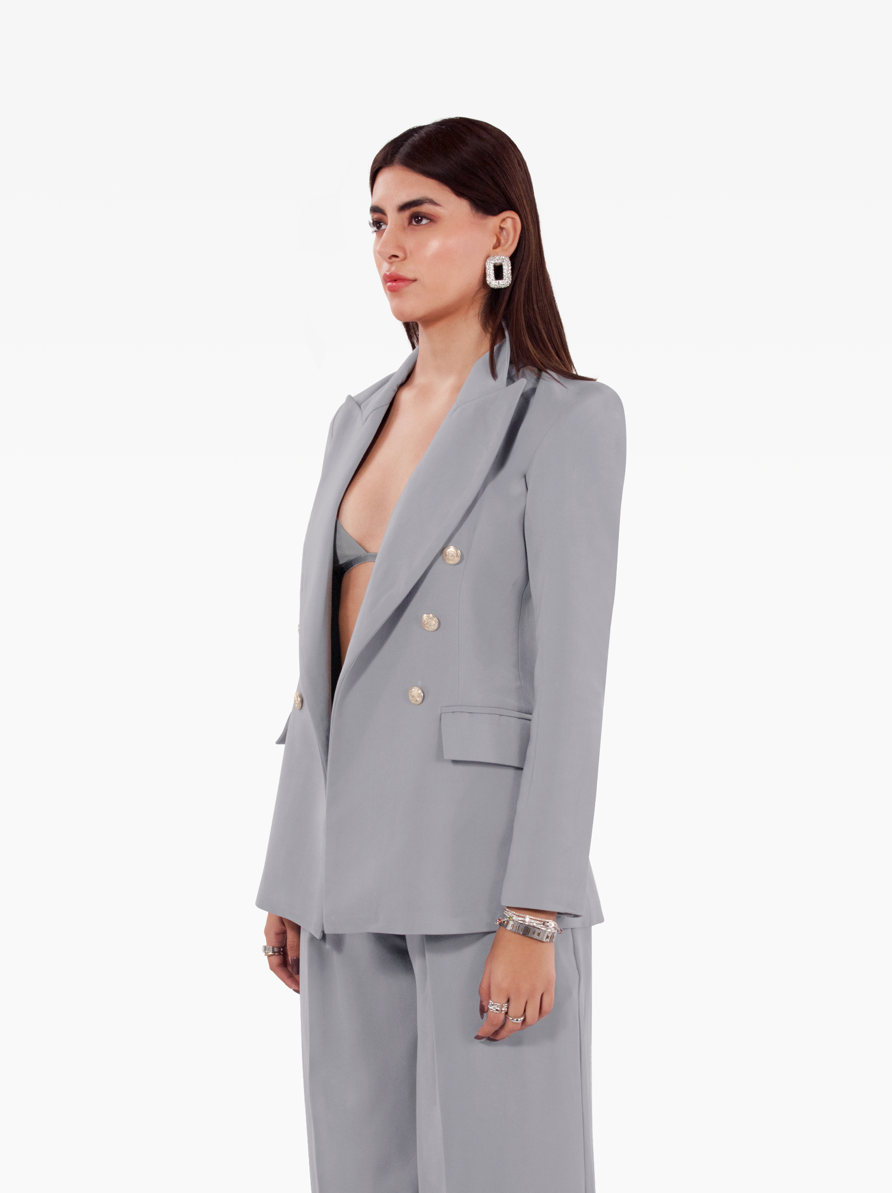 Millions Blazer - grey double breasted blazer with shoulder pads, notch lapel collar and two front flap pockets, gold buttons at the front and cuffs by SOLÉITE