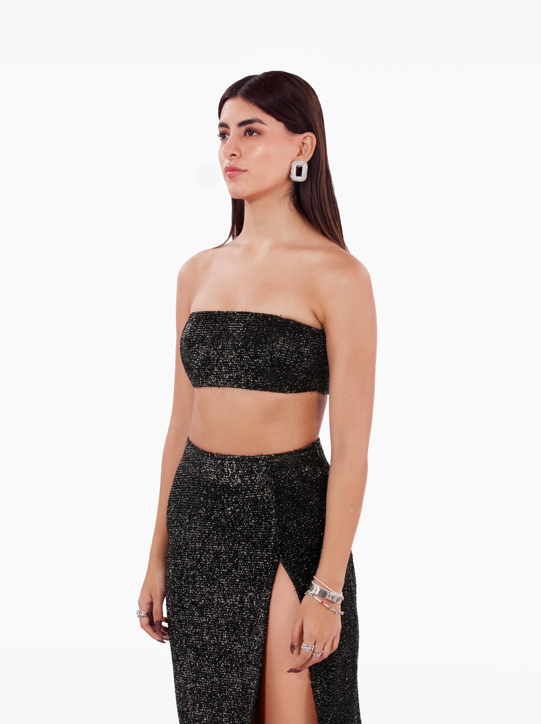 made you look bandeau - silver black glitter shimmer strapless bandeau with darts and buckle fastening, vacation top, birthday by SOLÉITE