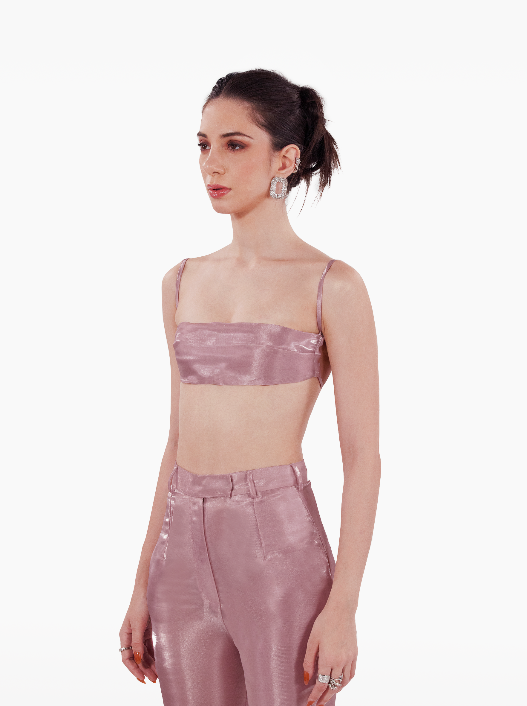 wrap me in plastic bandeau - pink organza bandeau with thin straps, darts and an open back, vacation top, pink strapless tube top - SOLÉITE