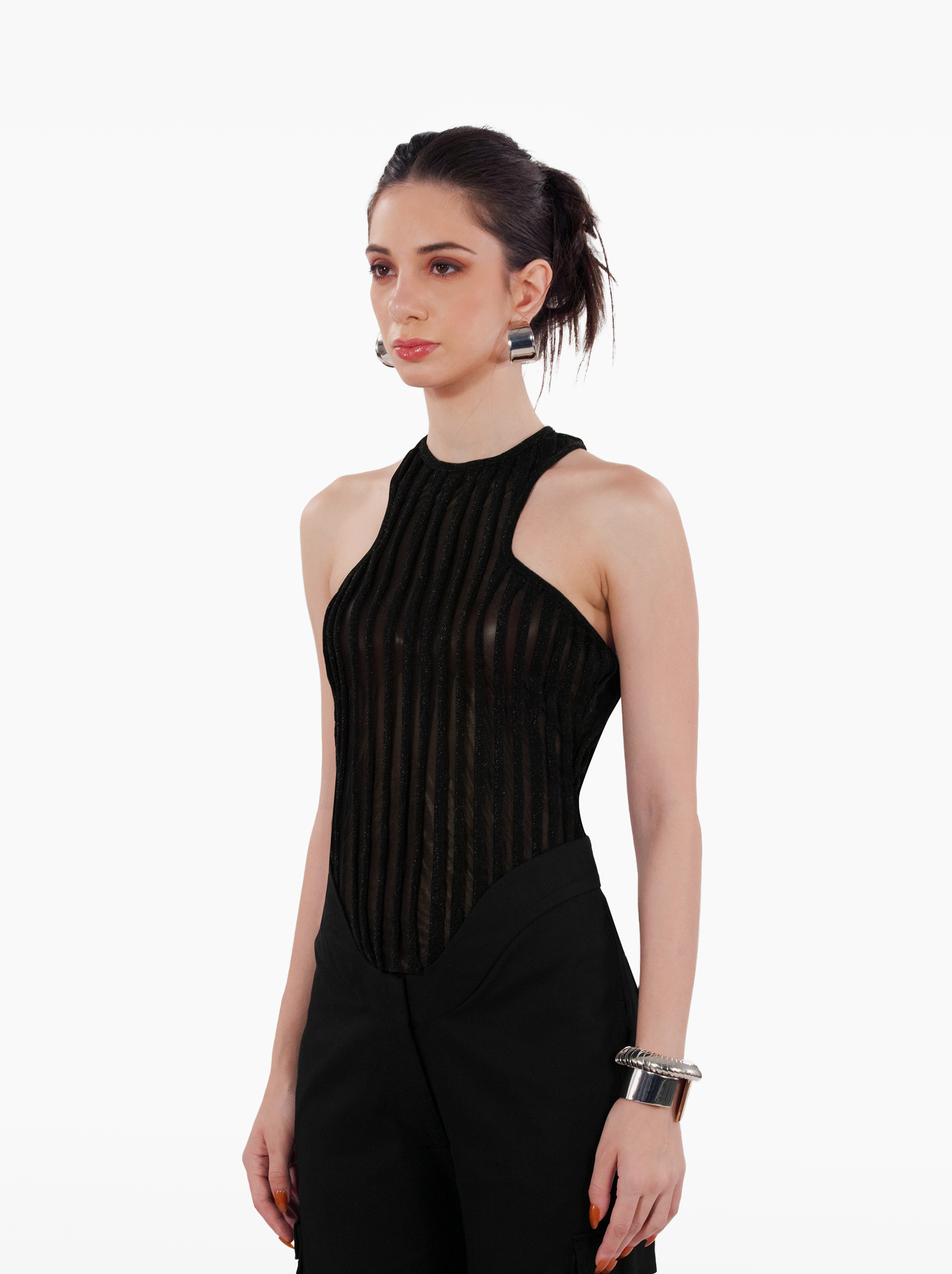 Burn Slow Top - sheer black ribbed tank top with t-back and glitter finish by SOLÉITE