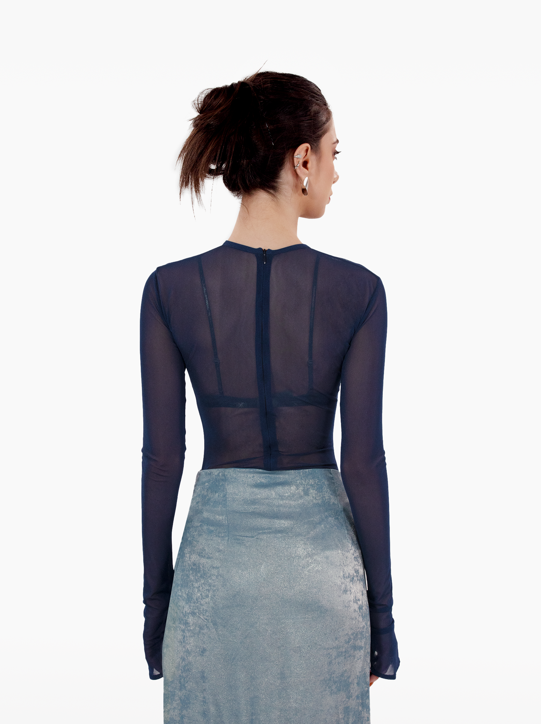 bali bodysuit - blue sheer bodysuit with thumbholes and back zip by SOLÉITE