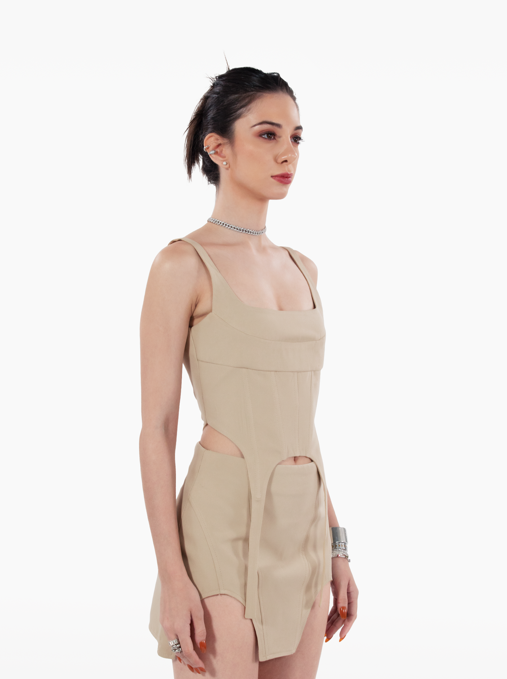build a bitch corset - beige bustier top with panels and suspenders by SOLÉITE