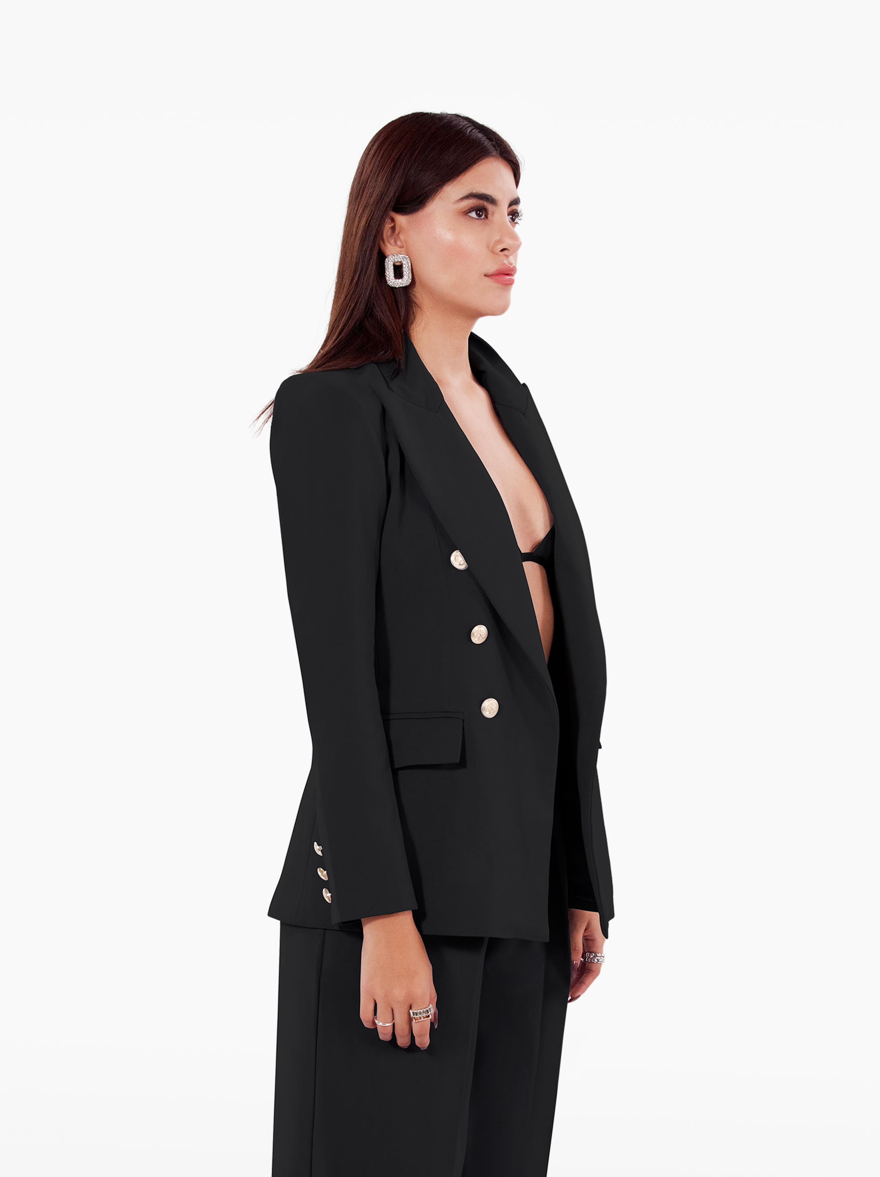 Millions Blazer - black double breasted blazer with shoulder pads, notch lapel collar and two front flap pockets, gold buttons at the front and cuffs by SOLÉITE