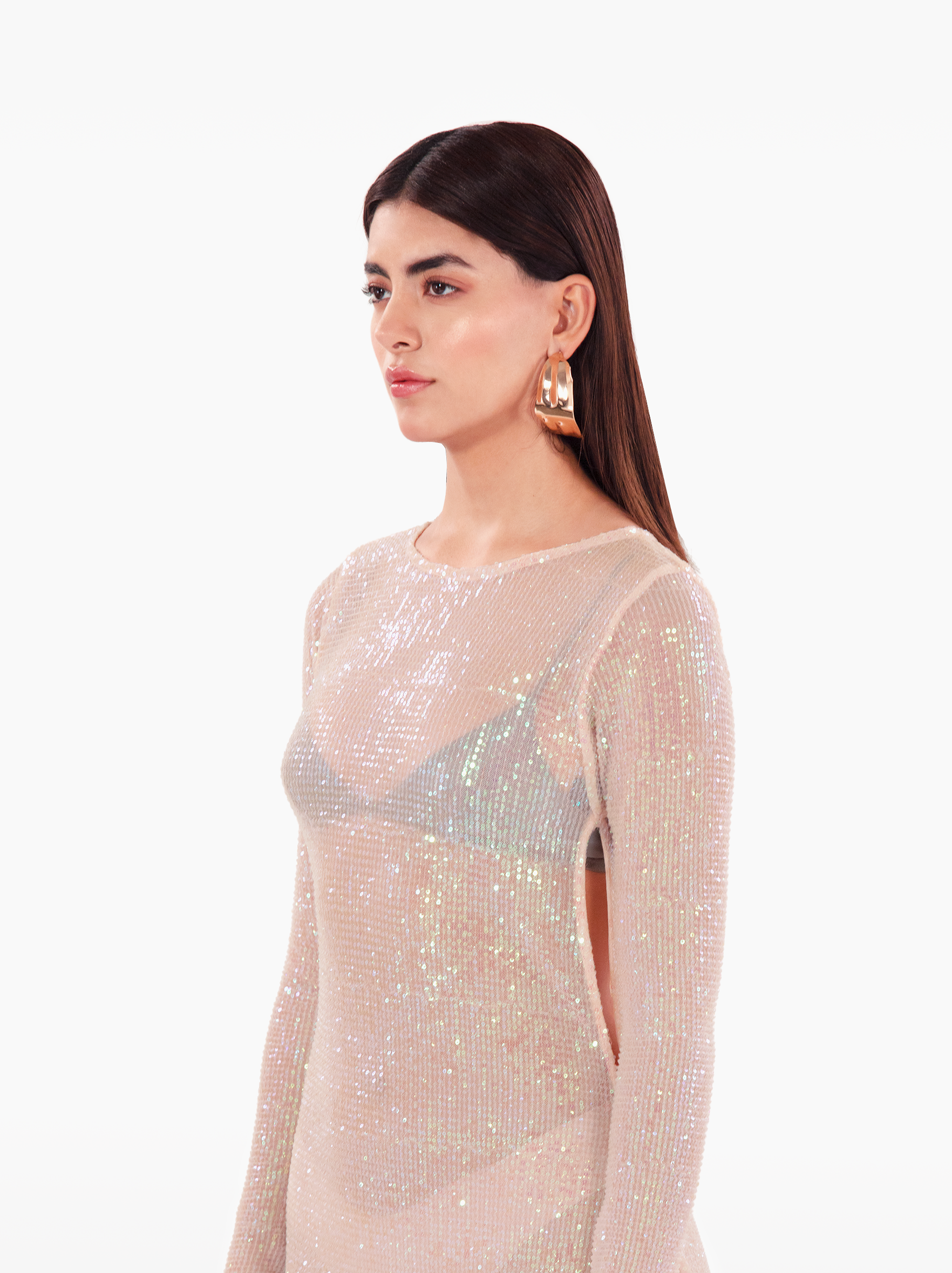 kiss me more dress - pink glitter sparkly shimmer sequin long sleeve maxi dress with side slit, sheer dress for vacation, beach coverup, birthday, event, party, statement piece by SOLÉITE