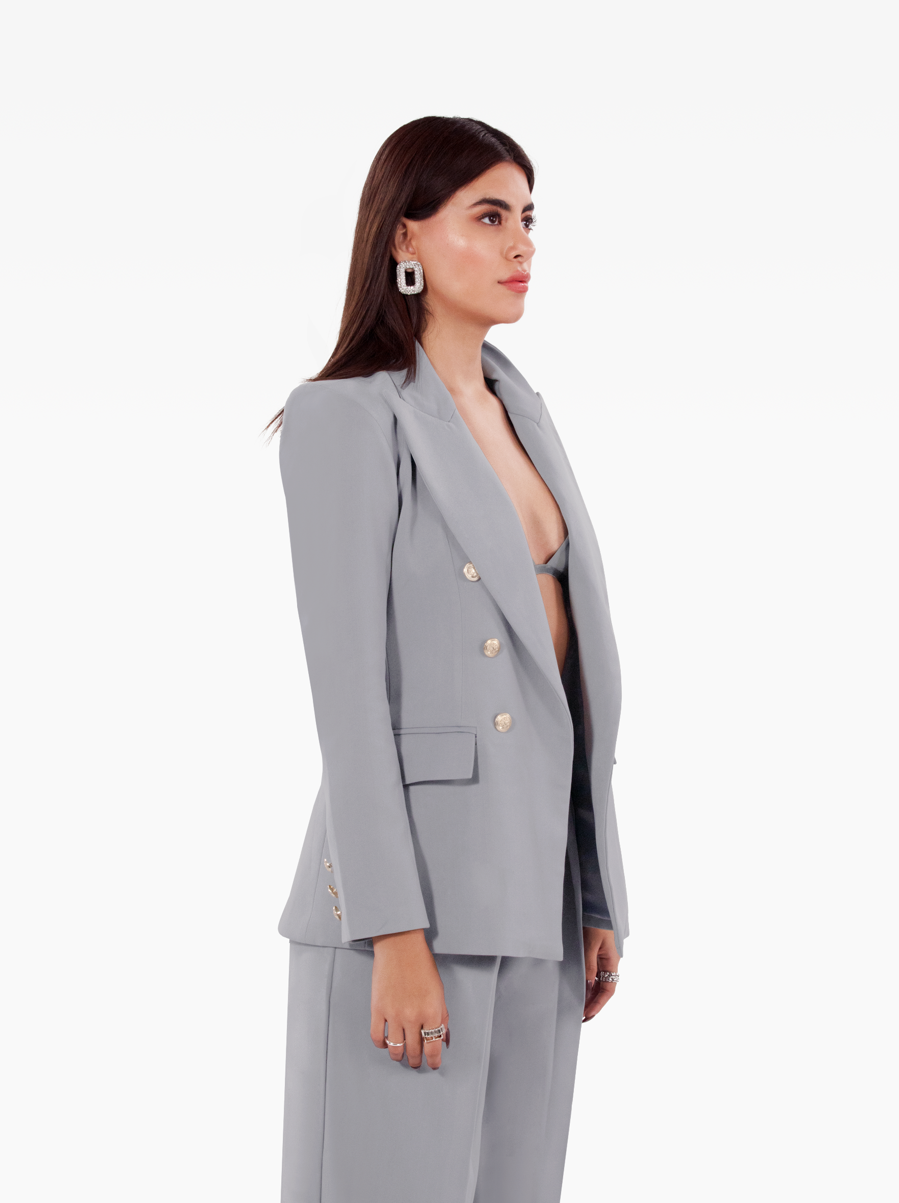 Millions Blazer - grey double breasted blazer with shoulder pads, notch lapel collar and two front flap pockets, gold buttons at the front and cuffs by SOLÉITE